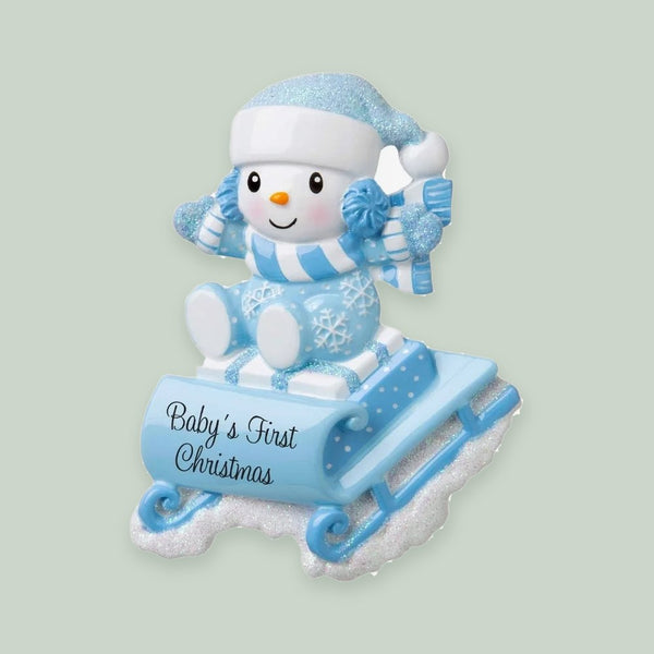 Snowbaby on Sled (Blue) Personalized Christmas Ornament