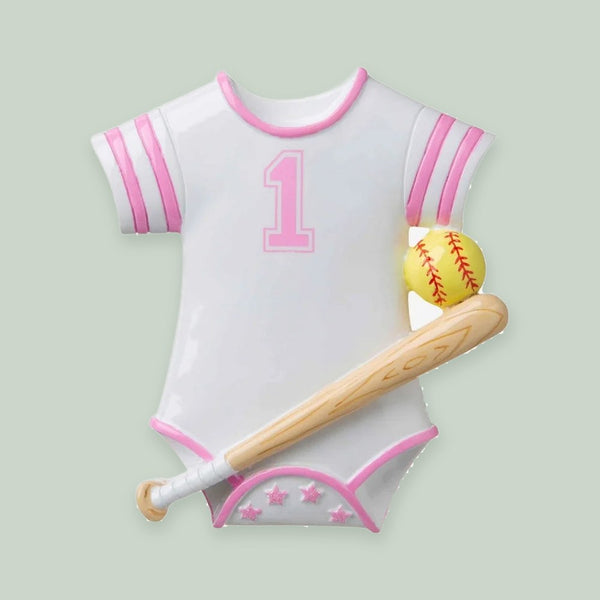Softball Baby Onesie (Pink) Personalized Christmas Ornament
